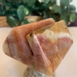 Vintage Onyx Calcite Card Holder Office Desk Accessory Banded Red & Pink 3.2"